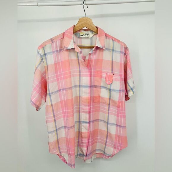 DIANE VON FURSTENBERG Womens Size LG Vintage Short Sleeve Plaid Button Up Shirt - Picture 1 of 5